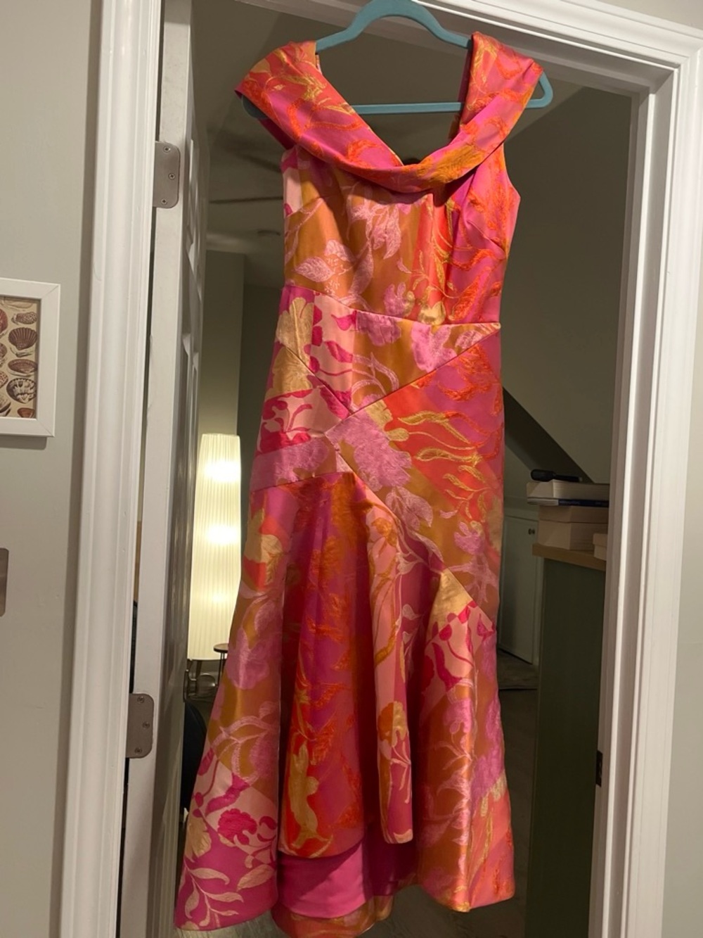 Theia One-Shoulder Floral Jacquard Dress in Pink and Orange